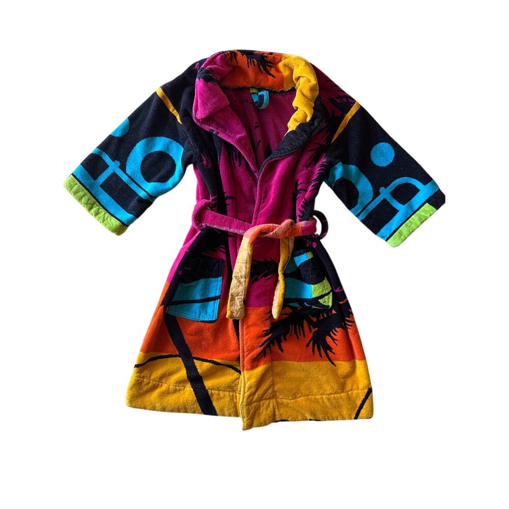 Vintage 80s Neon Palm Tree Handmade Terry Towel Robe Beach Cover Up